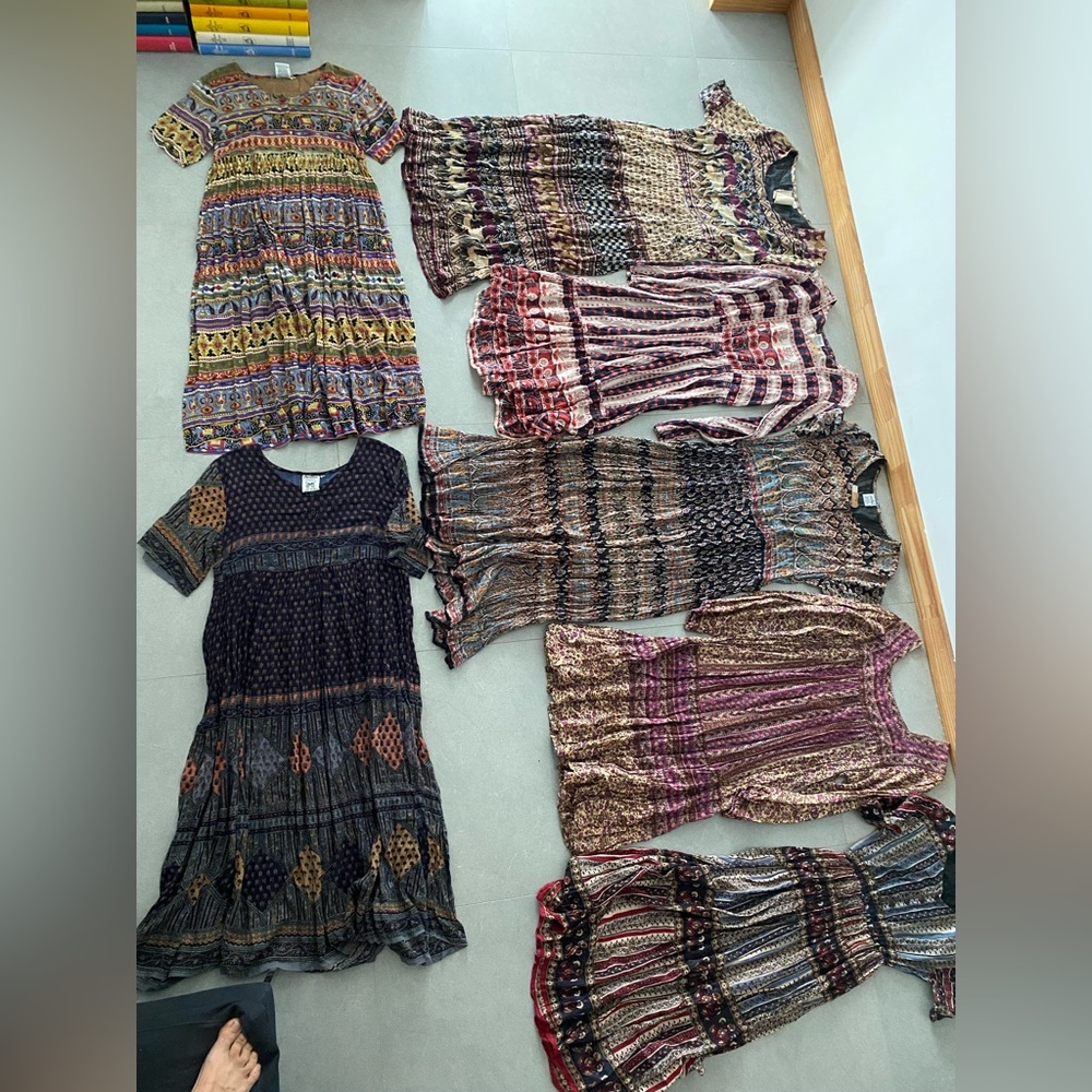 vintage Indian cotton gauze block printed dress LOT 1960s-70s
